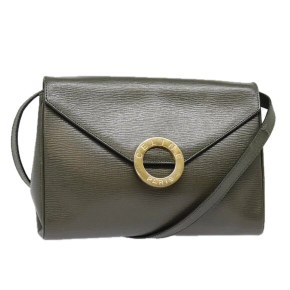 CELINE Circle Shoulder Bag Leather Khaki Gold Auth 91293 - Picture 1 of 15